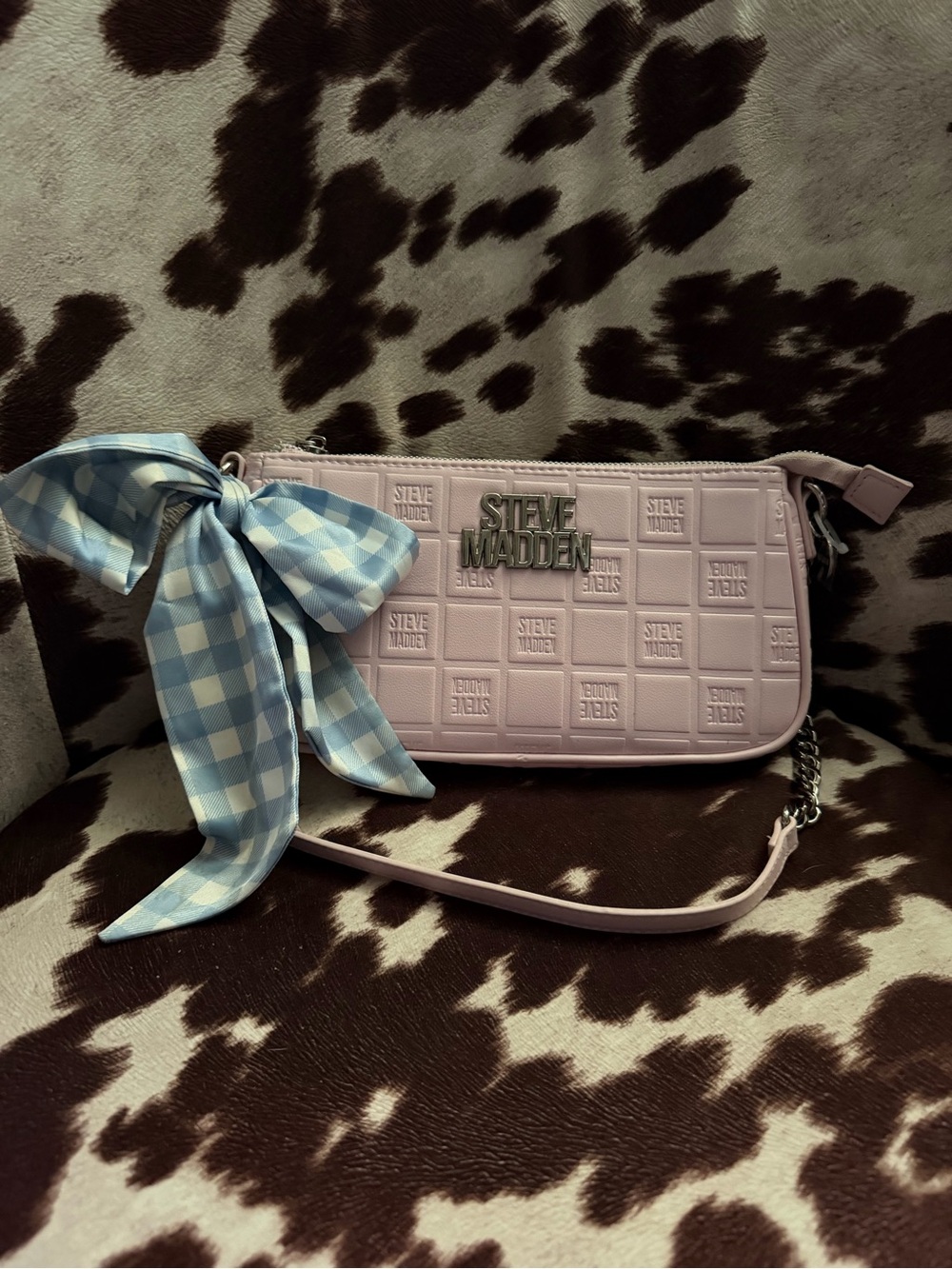 Steve Madden Lavender Quilted Crossbody with Blue Gingham Bow